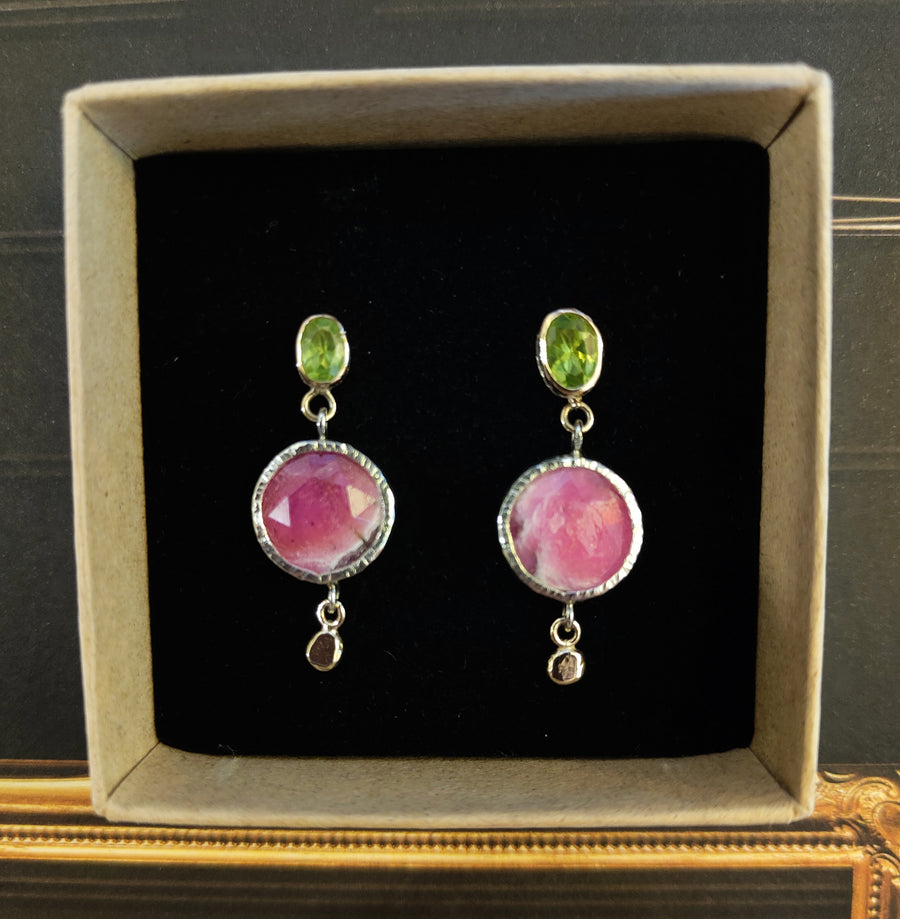 9ct Gold & Silver with Pink Sapphires and Green Tourmalines Earrings
