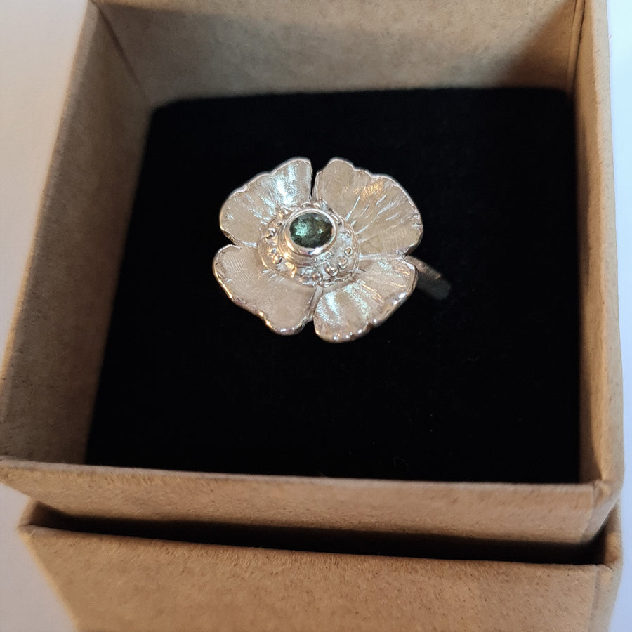 Poppy Sterling Silver Ring with Green Sapphire
