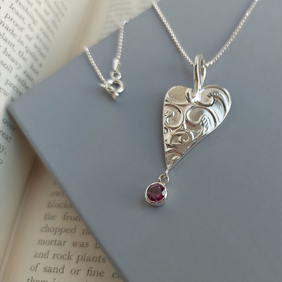 One of a kind Whimsical  Silver Heart Pendant with Rhodolite Garnet Drop.