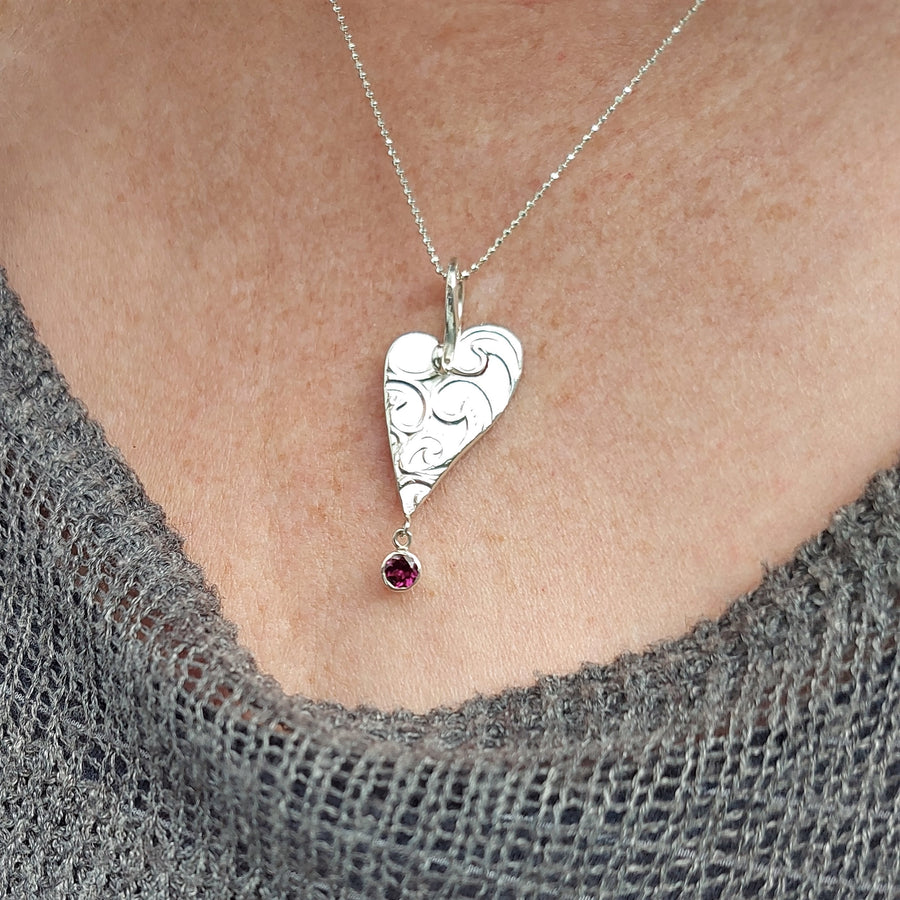 One of a kind Whimsical  Silver Heart Pendant with Rhodolite Garnet Drop.