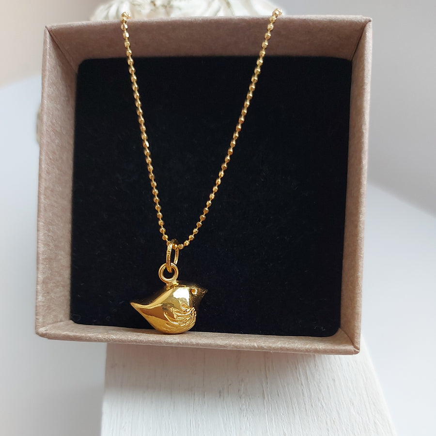 Handmade Chunky, Gold Plated, Sterling Silver Bird Charm Necklace.