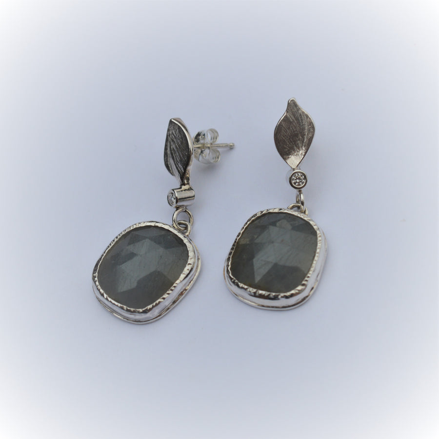 Sterling Silver, Grey Rose Cut Sapphire Drop Earrings with Diamonds.